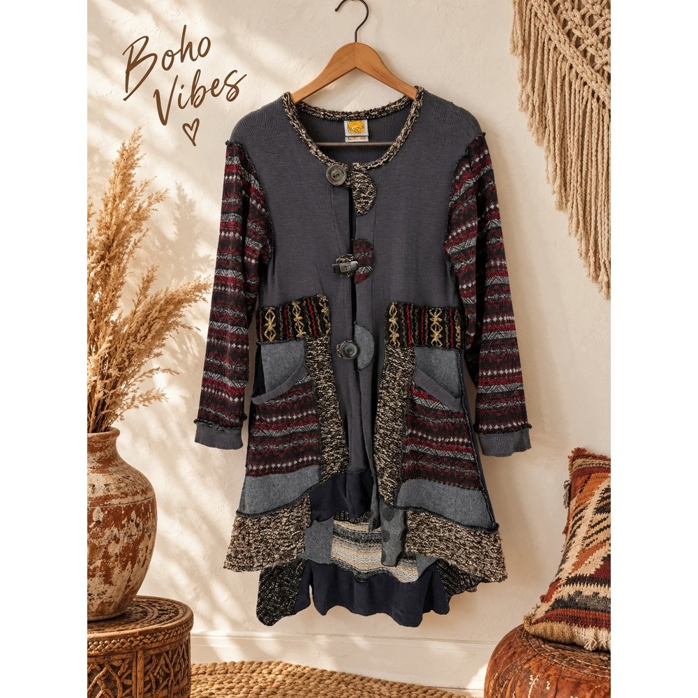 Hand Jive Cardigan Patchwork Artisan S Grey Red Fair Isle Boho Lagenlook Sweater
